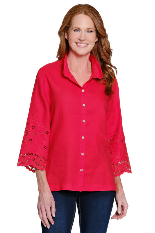 John Mark Linen Top with Embroidered Eyelet Sleeves - Vivid Red