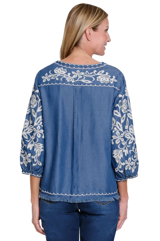 John Mark Allover Embroidered Pullover Top - Indigo