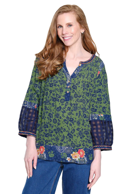 John Mark Embroidered Neck Peasant Tunic - Moss Green