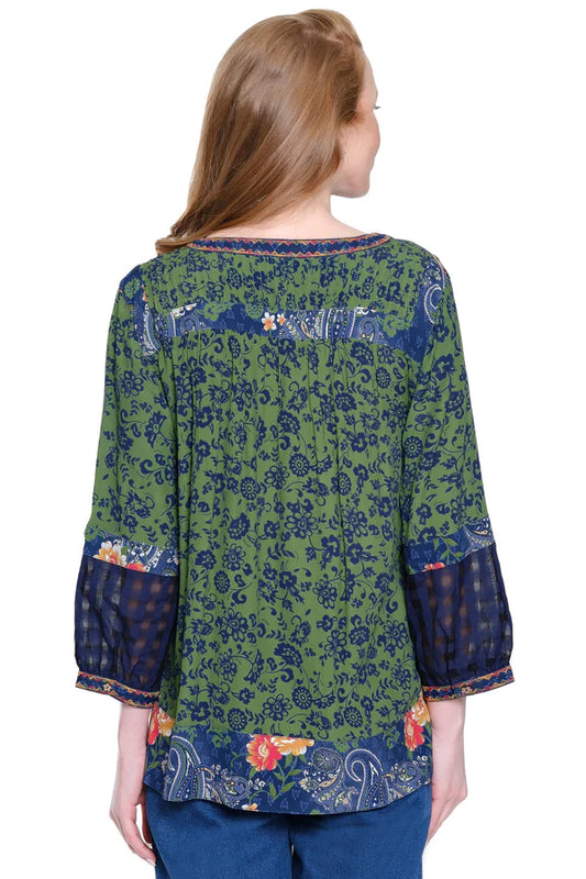 John Mark Embroidered Neck Peasant Tunic - Moss Green