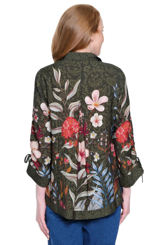 John Mark Border Print Top with Cinch Tie Sleeves - Dark Olive