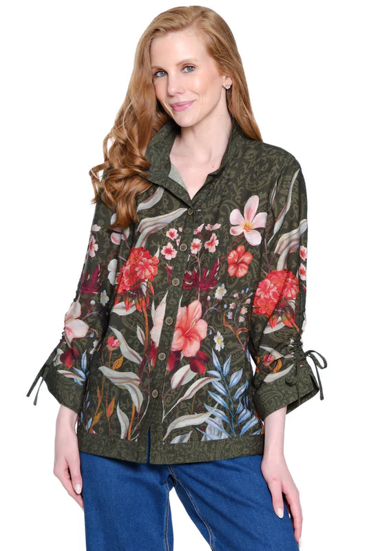 John Mark Border Print Top with Cinch Tie Sleeves - Dark Olive