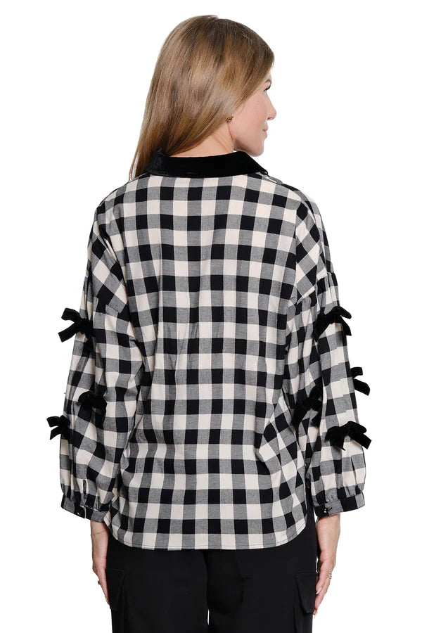 Plaid Bow Sleeve Top - Black/White
