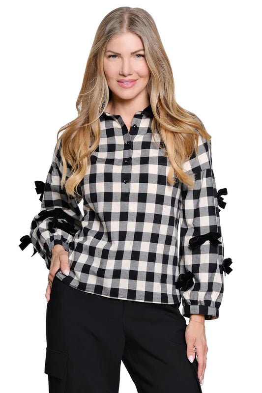 Plaid Bow Sleeve Top - Black/White