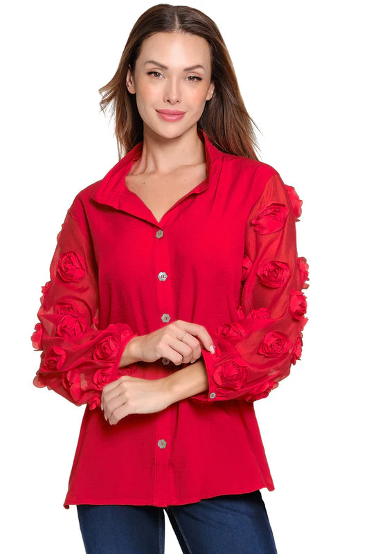 Rosette Sleeve Top - Scarlet
