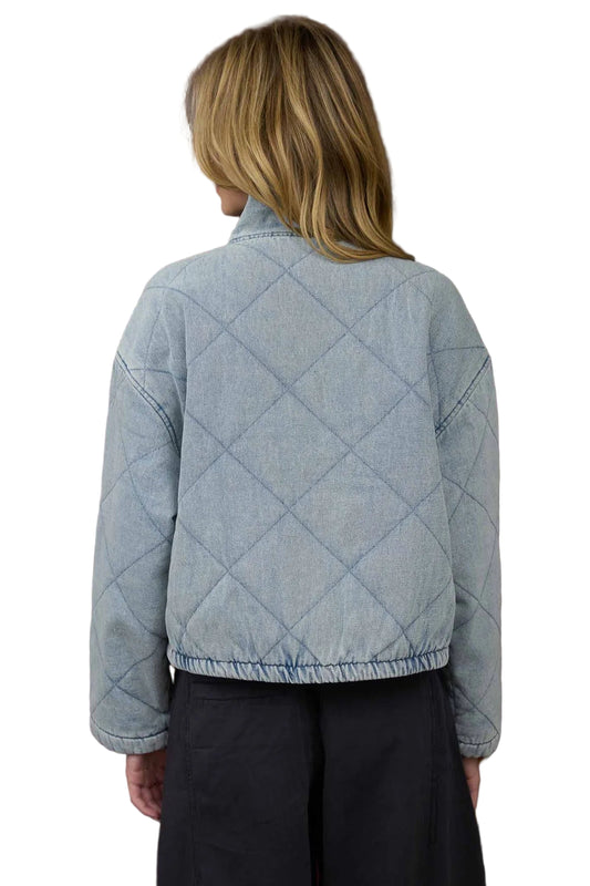 WASHED DENIM QUILTED FRONT TIE PUFFER JACKET