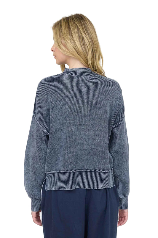 WASHED MOCK NECK LONG SLEEVE KNIT PULLOVER SWEATER - NAVY