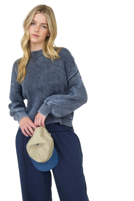 WASHED MOCK NECK LONG SLEEVE KNIT PULLOVER SWEATER - NAVY