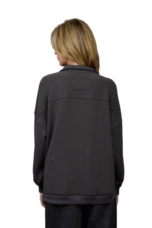 HALF ZIP COLLARED LONG SLEEVE WAFFLE KNIT TOP - Charcoal
