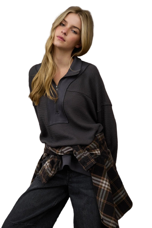 HALF ZIP COLLARED LONG SLEEVE WAFFLE KNIT TOP - Charcoal