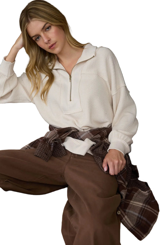 HALF ZIP COLLARED LONG SLEEVE WAFFLE KNIT TOP - Cream