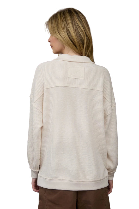 HALF ZIP COLLARED LONG SLEEVE WAFFLE KNIT TOP - Cream