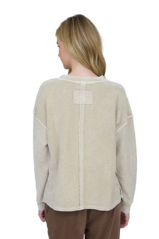 WASHED POCKET DETAIL LONG SLEEVE RIB KNIT TOP