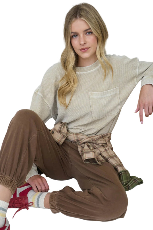 WASHED POCKET DETAIL LONG SLEEVE RIB KNIT TOP