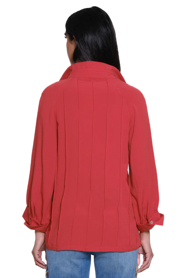 John Mark Split Neck Top with Pintuck Detail - Spicy Red