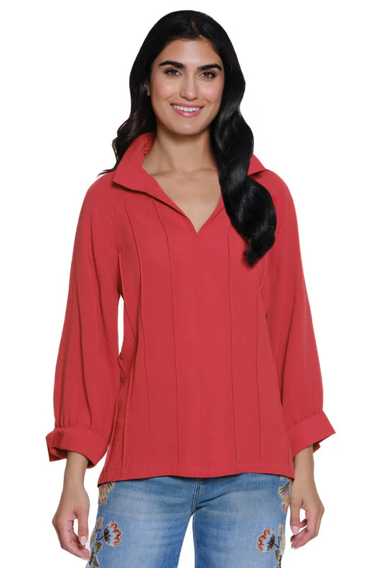 John Mark Split Neck Top with Pintuck Detail - Spicy Red