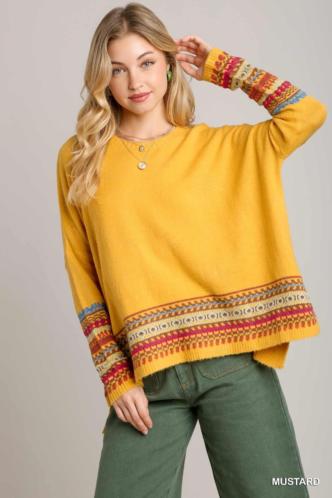 +Solid Knit Long Sleeve Round Neck Top with Side Slits and Stitch Detail