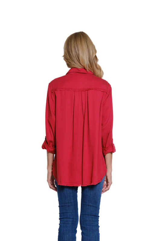 Multiples Solid Twill Shirt with Fringe Detail - Chili Pepper
