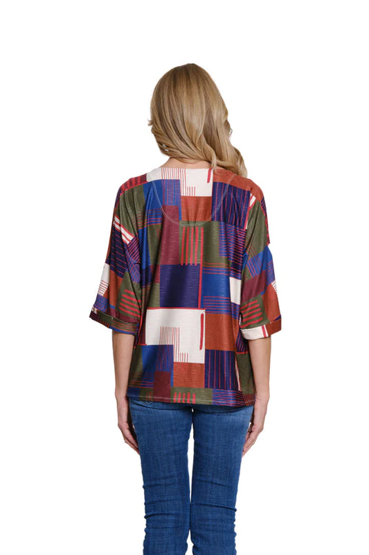 Multiples Printed Slub Knit V-Neck Top - Square Multi