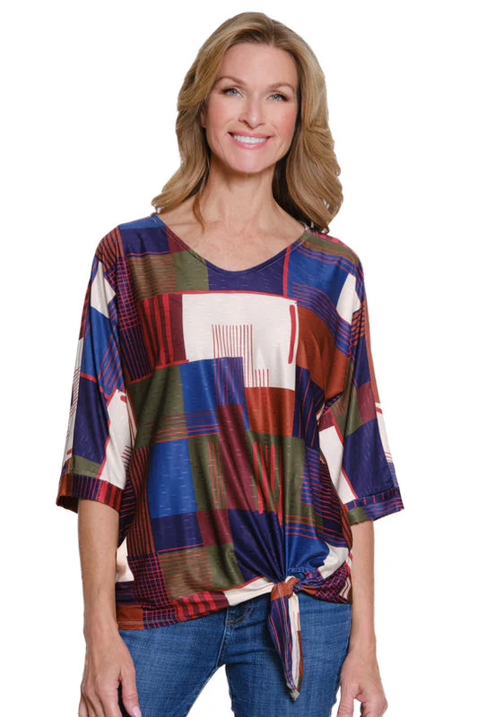 Multiples Printed Slub Knit V-Neck Top - Square Multi