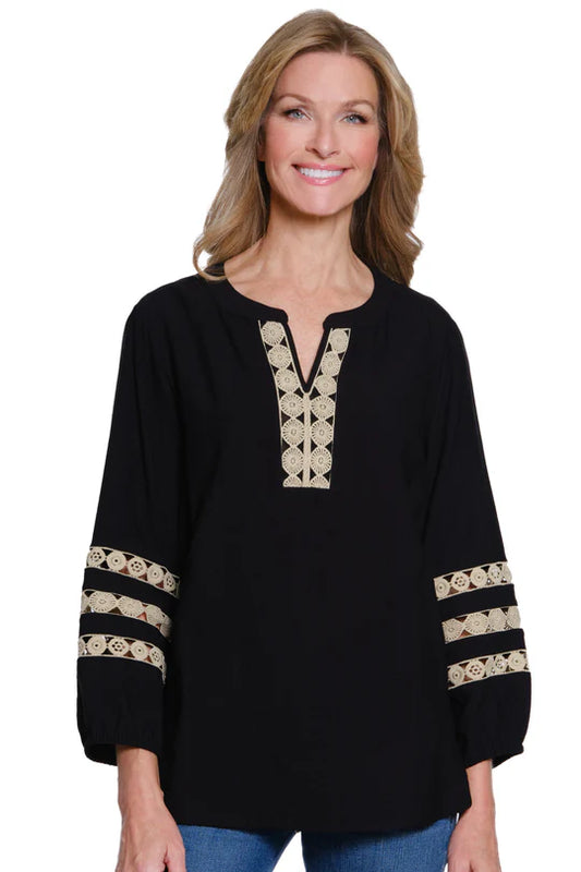 Multiples Notch Neck Woven Top - Black