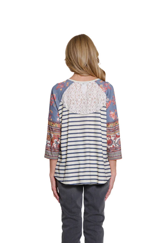 Multiples Mixed Print Top with Lace Trim - Multi