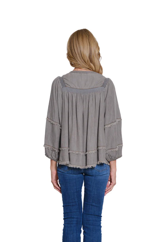 Multiples Embroidered Top with Shirring & Fringe Trim - Medium Grey Denim