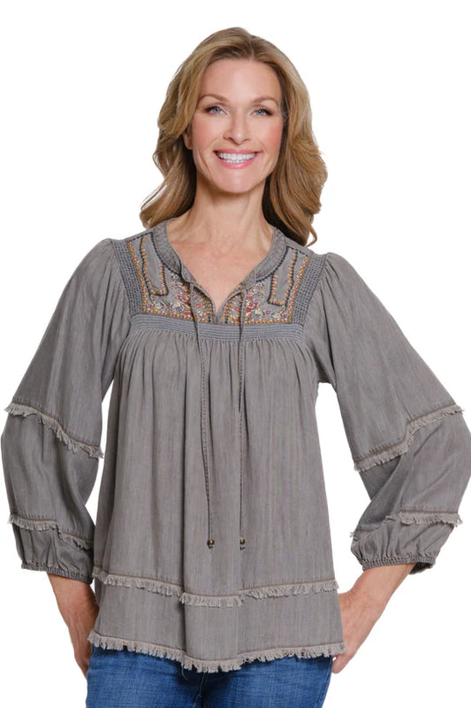 Multiples Embroidered Top with Shirring & Fringe Trim - Medium Grey Denim
