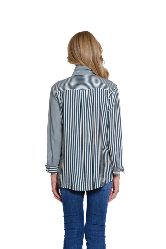 Multiples Striped Woven Shirt with Turn-Up Cuffs - Deep Green