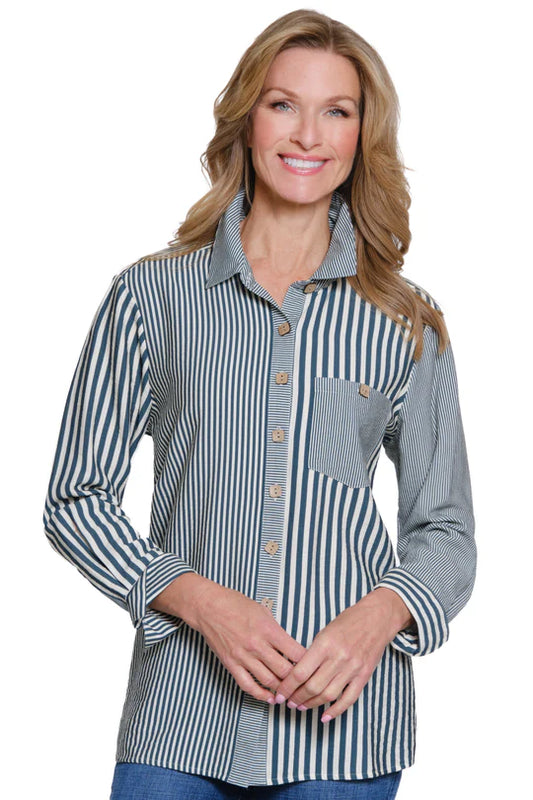 Multiples Striped Woven Shirt with Turn-Up Cuffs - Deep Green