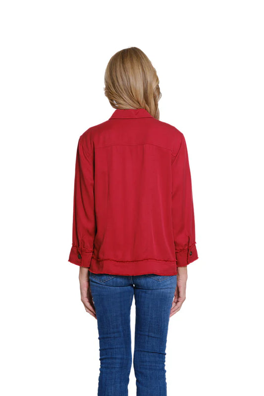 Multiples Fringe Hem Jean Jacket - Chili Pepper
