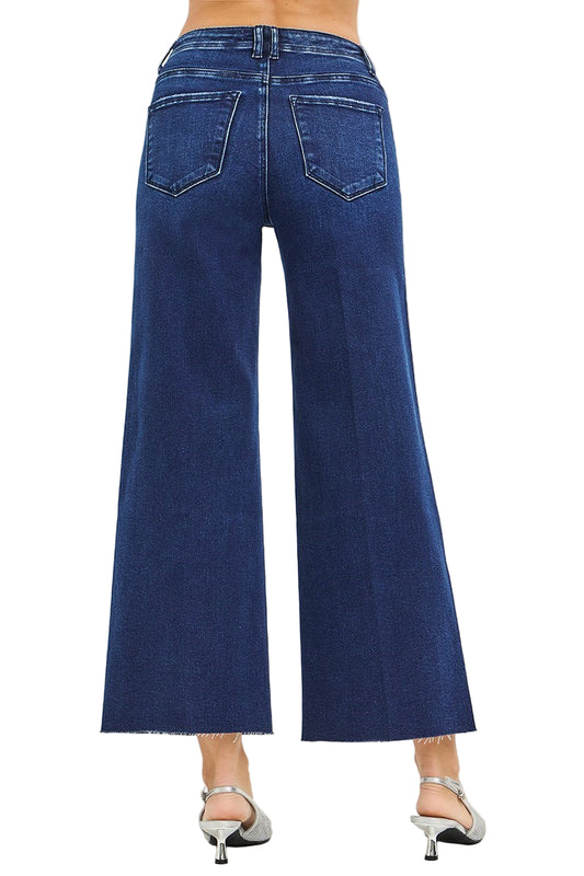 HIGH RISE ANKLE WIDE JEANS WITH CREASE LINE DETAIL