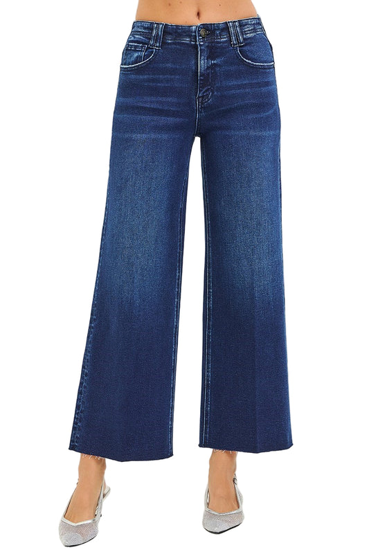 HIGH RISE ANKLE WIDE JEANS WITH CREASE LINE DETAIL