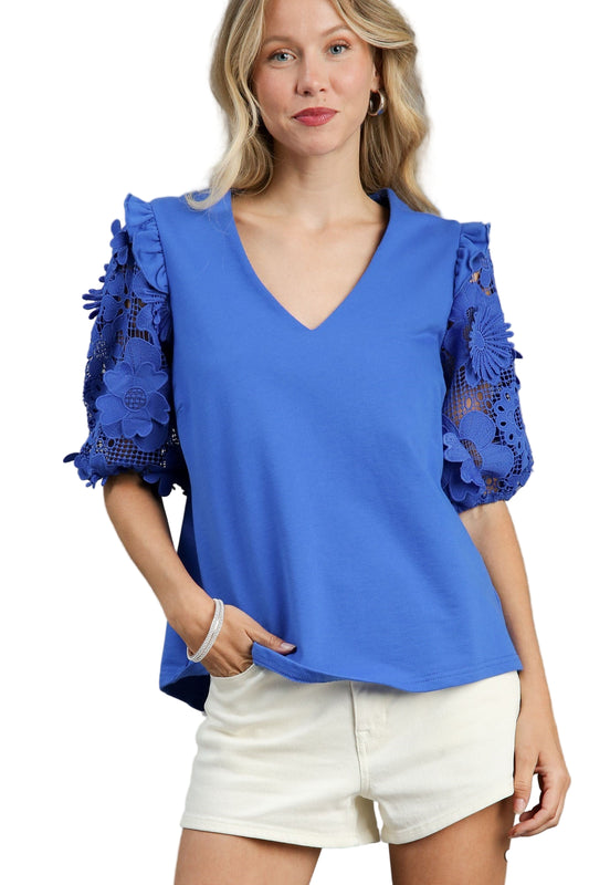 French Terry Boxy Cut Top with 3D Floral Lace Contrast Sleeve