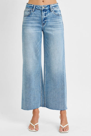 Rachel - Mid-Rise Cropped Wide Leg Jeans with Raw Cut Hem