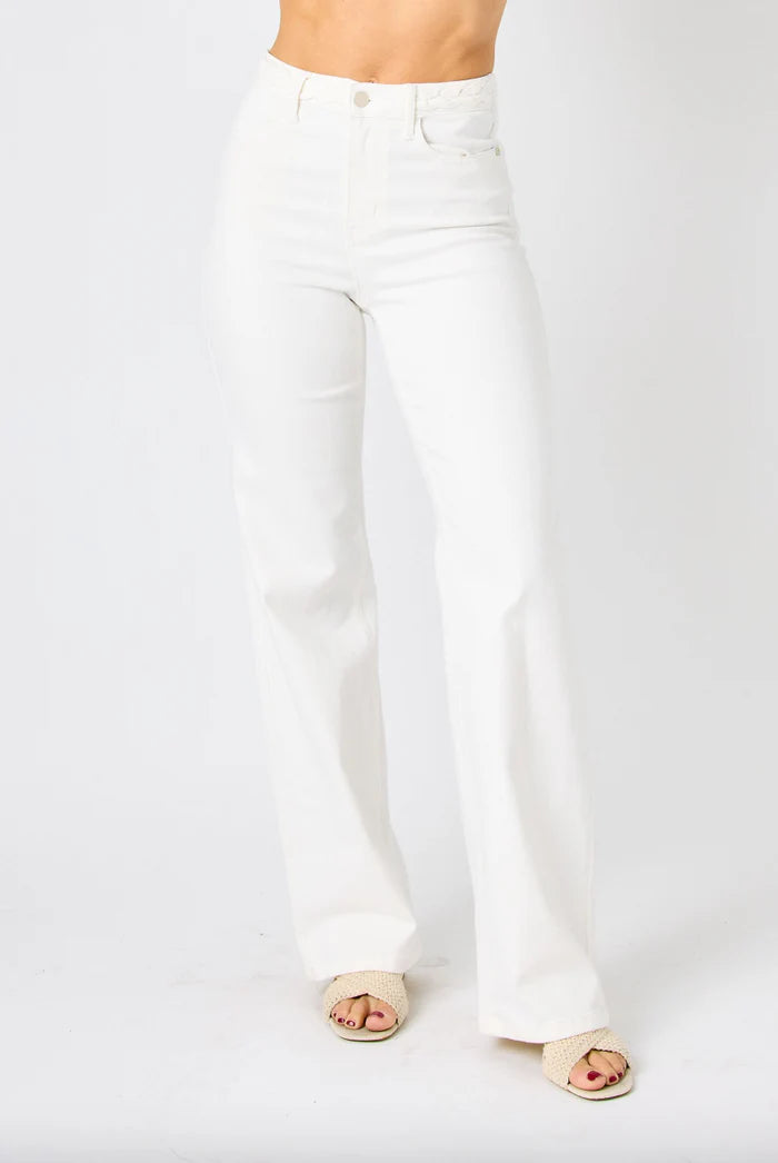 Judy Blue White Braided Waist Wide Leg Jeans