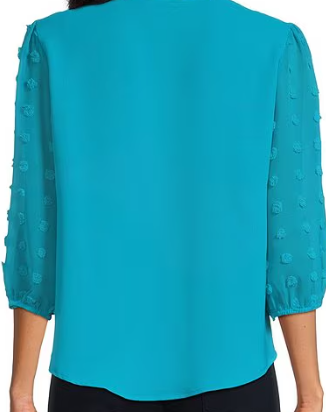 Novelty Woven V-Neck 3/4 Dotted Sheer Sleeve Top