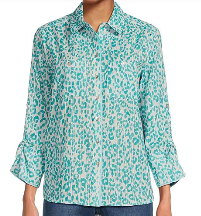 3/4 Drawstring Sleeve Mini Leopard Print Button Front Shirt - Turquoise