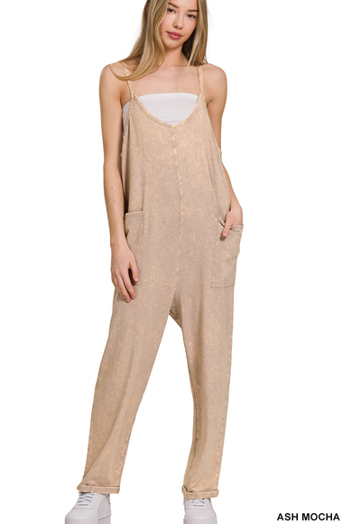 Washed Spaghetti Strap Overalls with Pockets - Ash Mocha