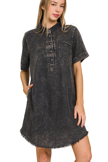 Washed Linen Raw Edge Button Down V-Neck Dress