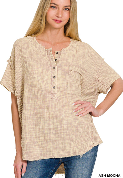 Washed Double Gauze 3/4 Button Henley Neck Top