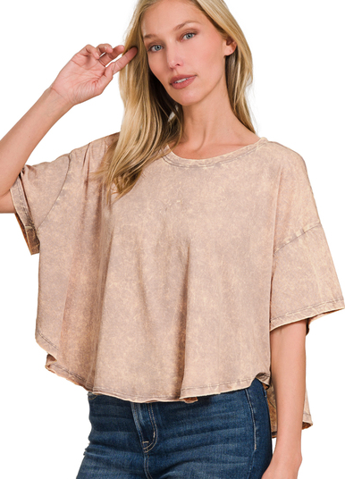 Crinkle Washed Cotton Round Neck Short Sleeve Top