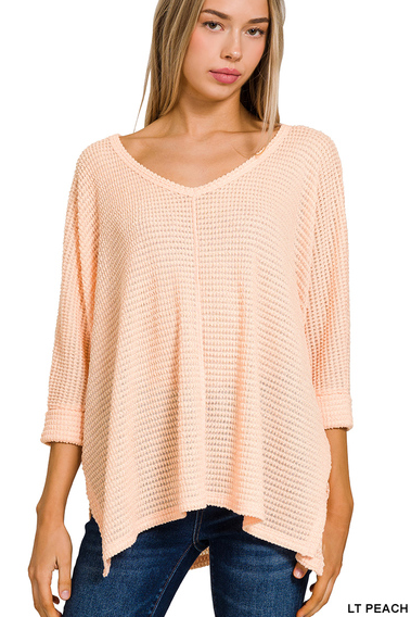 3/4 Sleeve V-Neck Hi-Low Hem Jacquard Sweater