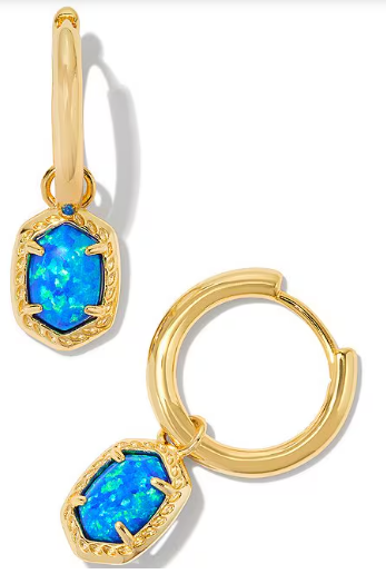 !Daphne Framed Huggie Hoop Earrings - Gold Bright Blue Opal