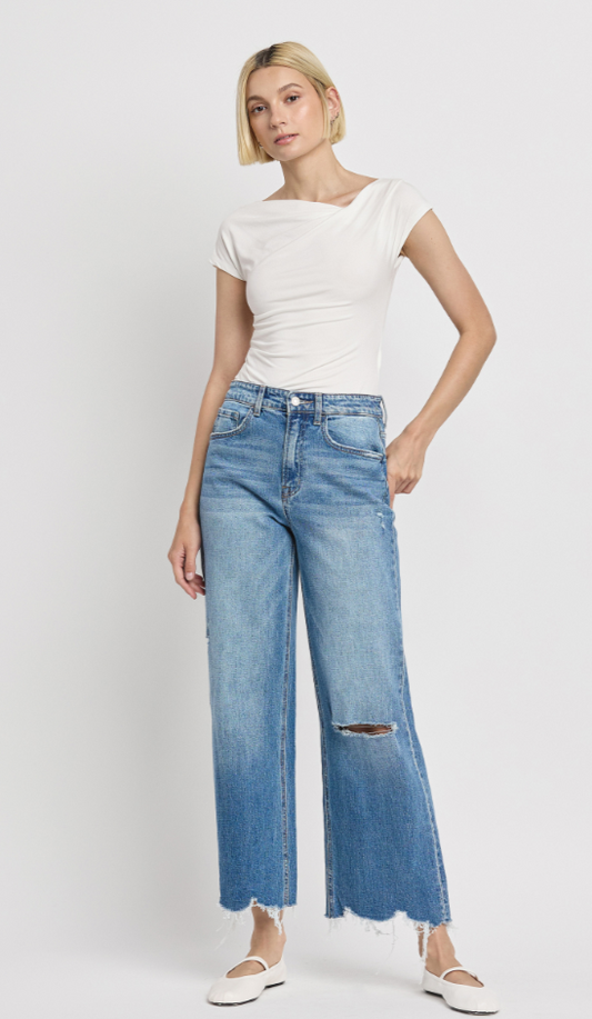 Vervet High Rise Distressed Hem Crop Wide Jeans - Olivia