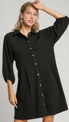 Button Down Collared Dress - Black