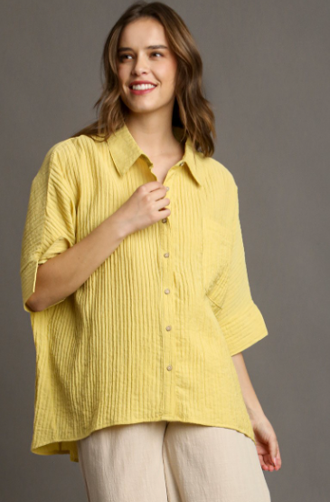 +Pleated Batwing Short Sleeve Button Up Top With High Low Hem