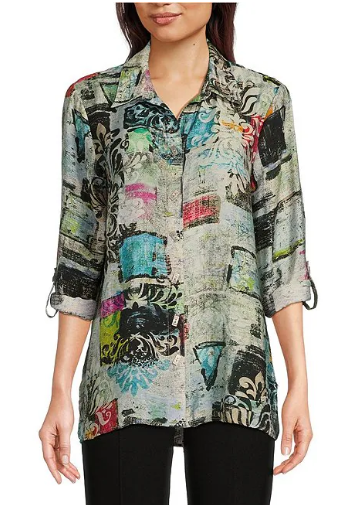 Woven Impasto Abstract Print 3/4 Roll-Tab Sleeve High-Low Button Down Tunic