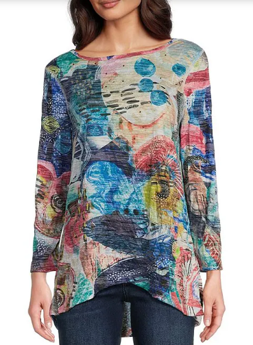 Abstract Crinkle Burnout Knit Embellished Round Neck Long Sleeve Hi-Low Hem Tunic