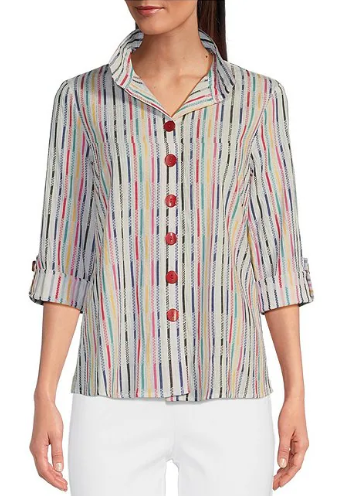 Yarn-Dye Tetured Stripe Wire Collared Long Roll-Tab Sleeve High-Low Hem Button Down Blouse